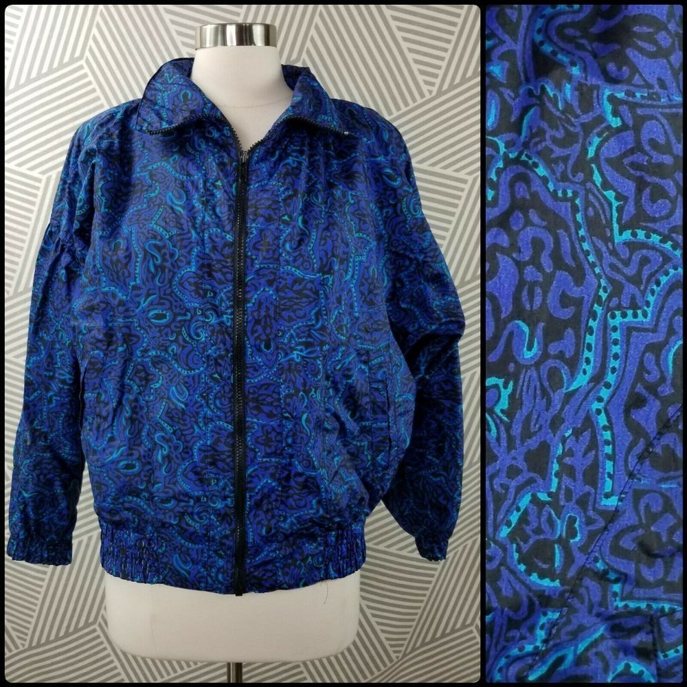 Vintage 90s Kiks Windbreaker Track Jacket Womens size Medium Print Retro blue